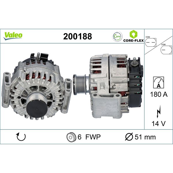 Generator 14V 180A Valeo Valeo core-flex 200188 VALEO