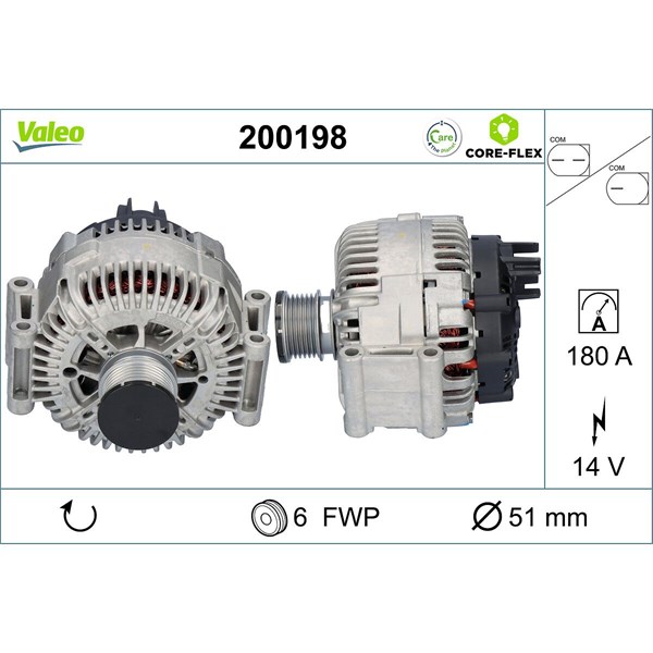 Generator 14V 180A Valeo Valeo core-flex 200198 VALEO