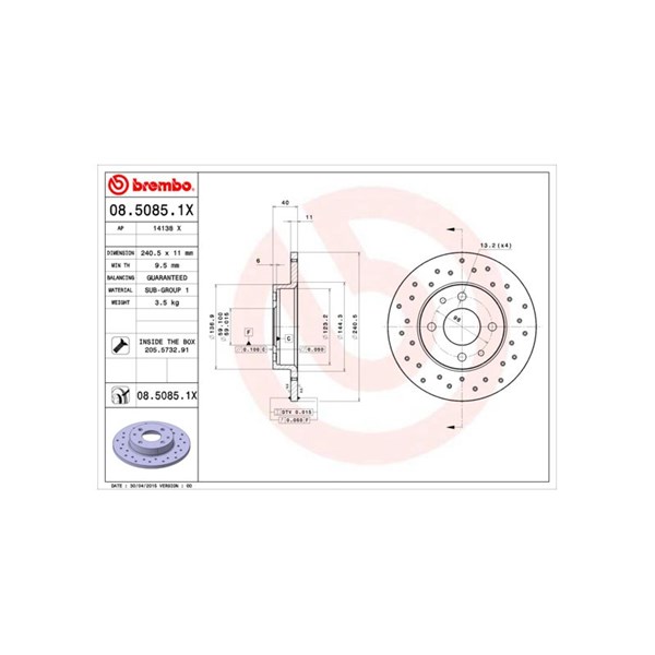 Bromsskiva Solid, Bakaxel, Framaxel Brembo 08.5085.1X BREMBO