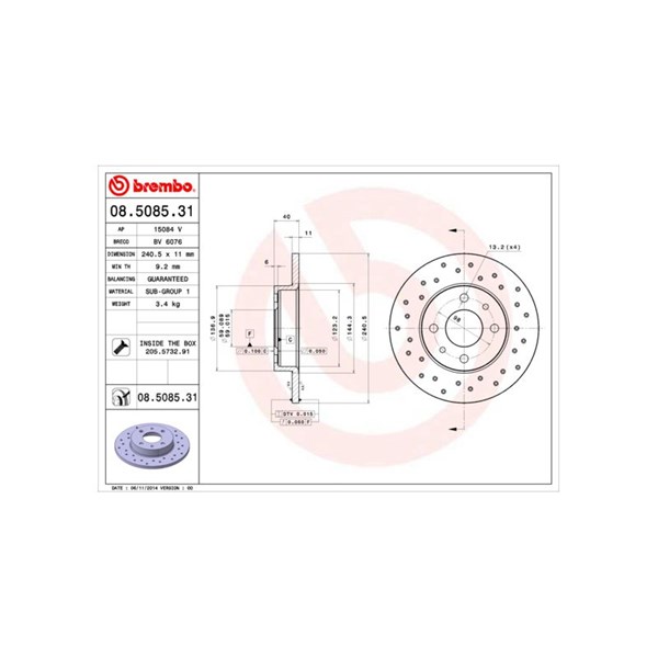 Bromsskiva Solid, Bakaxel Brembo Coated disc line 08.5085.31 BREMBO