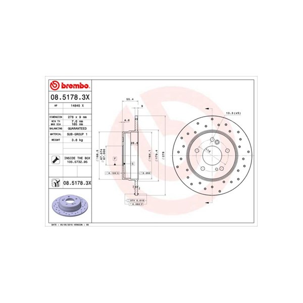Bromsskiva Solid, Bakaxel Brembo Brembo xtra line 08.5178.3X BREMBO