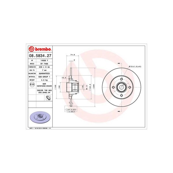 Bromsskiva Solid, Bakaxel Brembo Bearing disc line 08.5834.27 BREMBO