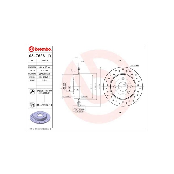 Bromsskiva Solid, Bakaxel Brembo Brembo xtra line 08.7626.1X BREMBO