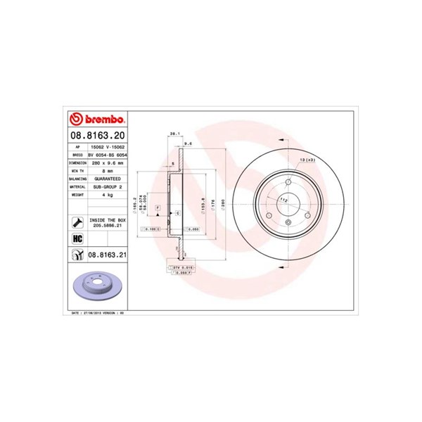 Bromsskiva Solid, Framaxel Brembo Coated disc line 08.8163.21 BREMBO