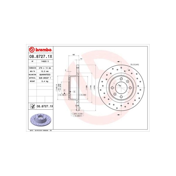 Bromsskiva Solid, Bakaxel Brembo Brembo xtra line 08.8727.1X BREMBO