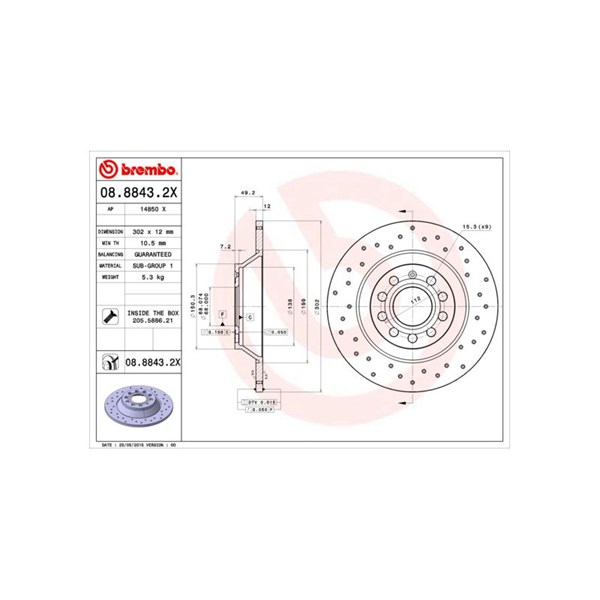 Bromsskiva Solid, Bakaxel Brembo Brembo xtra line 08.8843.2X BREMBO Bromsskiva Solid, Bakaxel Brembo Brembo xtra line 08.8843.2X BREMBO