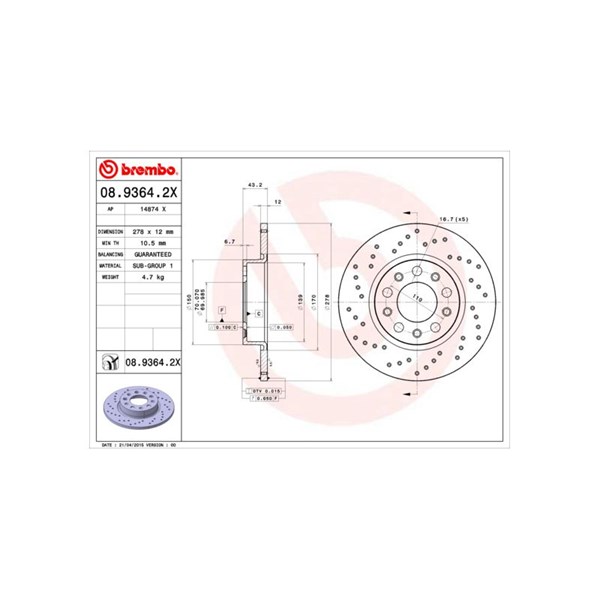 Bromsskiva Solid, Bakaxel Brembo Brembo xtra line 08.9364.2X BREMBO