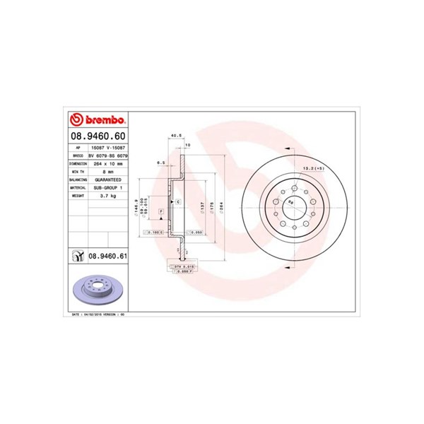 Bromsskiva Solid, Bakaxel Brembo Coated disc line 08.9460.61 BREMBO