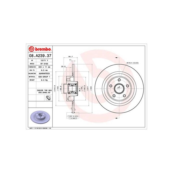 Bromsskiva Solid, Bakaxel Brembo Bearing disc line 08.A239.37 BREMBO