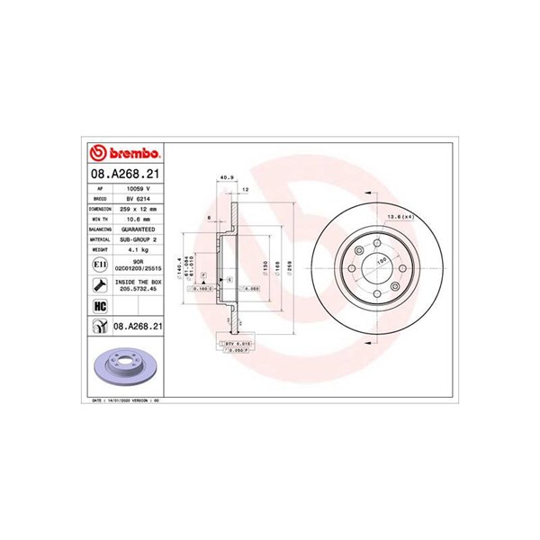 Bromsskiva Solid, Framaxel Brembo Coated disc line 08.A268.21 BREMBO