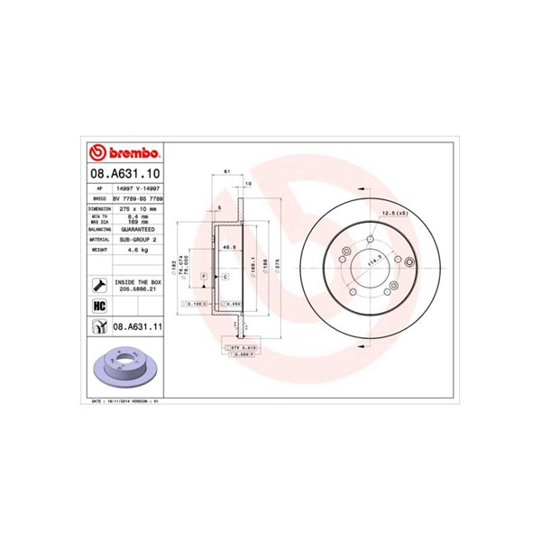 Bromsskiva Solid, Bakaxel Brembo Coated disc line 08.A631.11 BREMBO