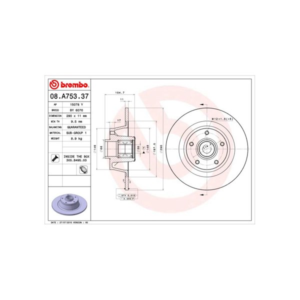 Bromsskiva Solid, Bakaxel Brembo Bearing disc line 08.A753.37 BREMBO