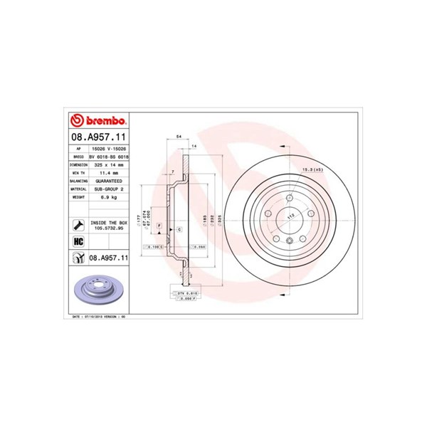 Bromsskiva Solid, Bakaxel Brembo Coated disc line 08.A957.11 BREMBO