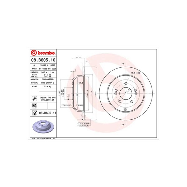 Bromsskiva Solid, Bakaxel Brembo Coated disc line 08.B605.11 BREMBO