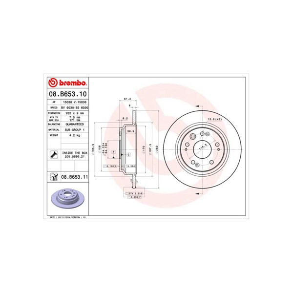 Bromsskiva Solid, Bakaxel Brembo Coated disc line 08.B653.11 BREMBO