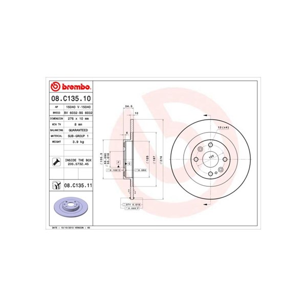 Bromsskiva Solid, Bakaxel Brembo Coated disc line 08.C135.11 BREMBO