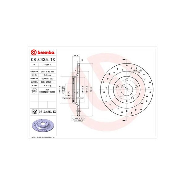 Bromsskiva Solid, Bakaxel, Framaxel Brembo 08.C425.1X BREMBO