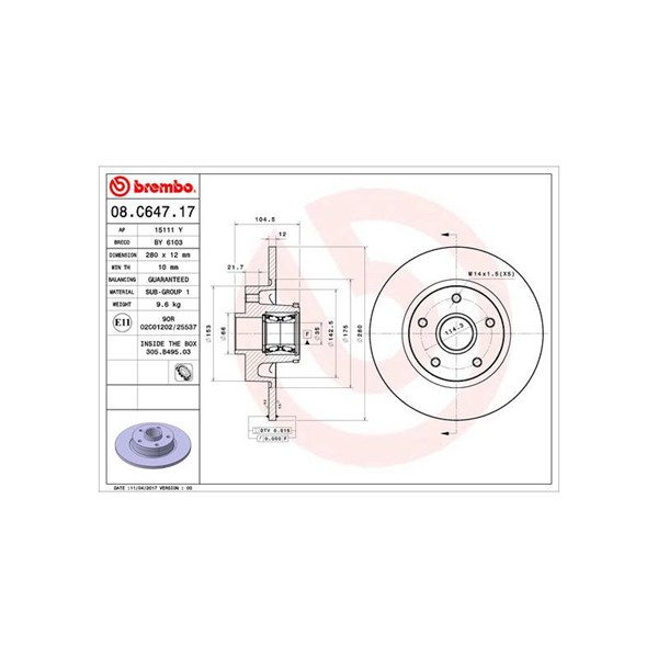 Bromsskiva Solid, Bakaxel Brembo Bearing disc line 08.C647.17 BREMBO