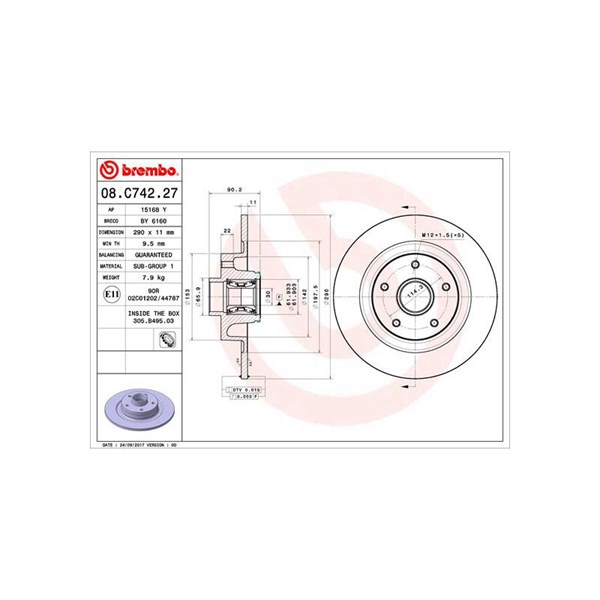 Bromsskiva Solid, Bakaxel Brembo Bearing disc line 08.C742.27 BREMBO