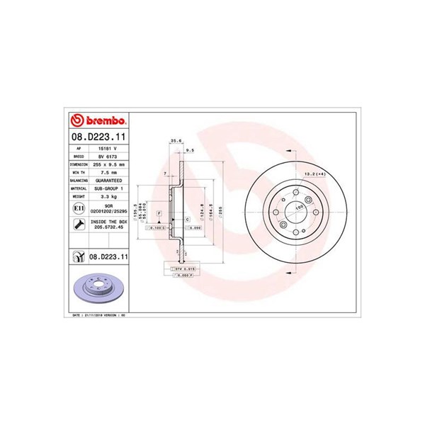 Bromsskiva Solid, Bakaxel Brembo Coated disc line 08.D223.11 BREMBO