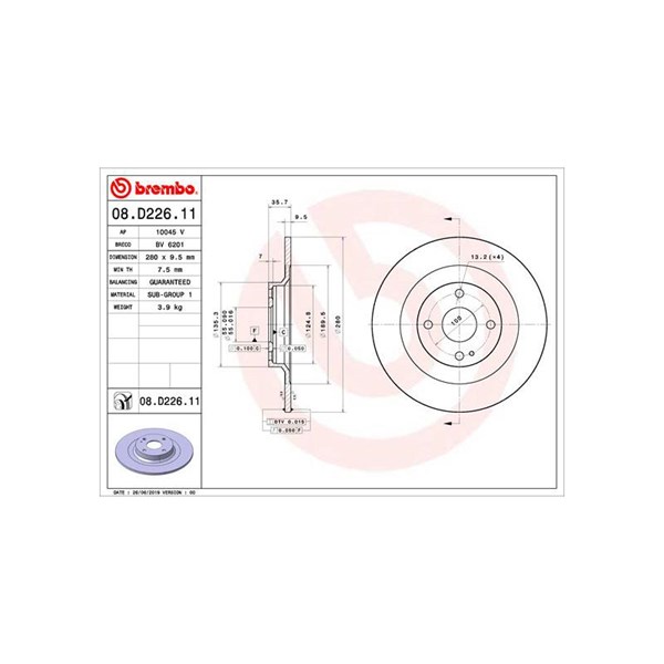 Bromsskiva Solid, Bakaxel Brembo Coated disc line 08.D226.11 BREMBO