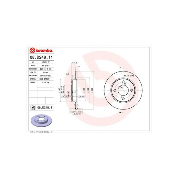 Bromsskiva Solid, Bakaxel Brembo Coated disc line 08.D248.11 BREMBO