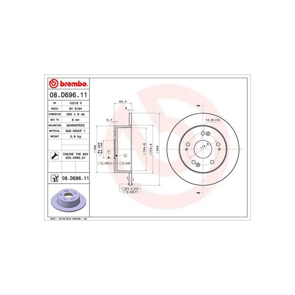 Bromsskiva Solid, Bakaxel Brembo Coated disc line 08.D696.11 BREMBO