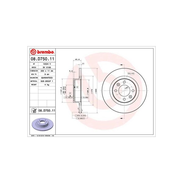 Bromsskiva Solid, Bakaxel Brembo Coated disc line 08.D750.11 BREMBO