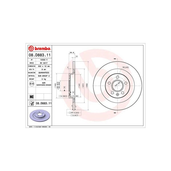 Bromsskiva Solid, Bakaxel Brembo Coated disc line 08.D883.11 BREMBO