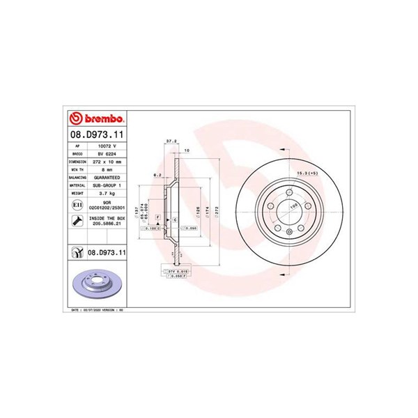 Bromsskiva Solid, Bakaxel Brembo Coated disc line 08.D973.11 BREMBO