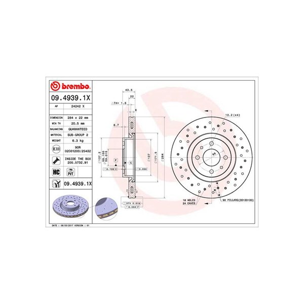 Bromsskiva Hålad/ventilerad, Framaxel Brembo 09.4939.1X BREMBO