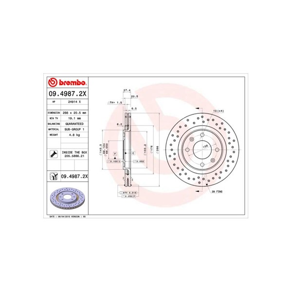 Bromsskiva Hålad/ventilerad, Framaxel Brembo 09.4987.2X BREMBO