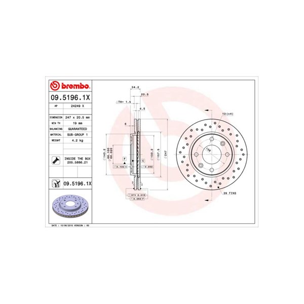 Bromsskiva Hålad/ventilerad, Framaxel Brembo 09.5196.1X BREMBO