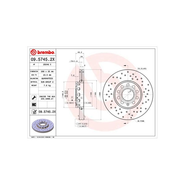 Bromsskiva Hålad/ventilerad, Framaxel Brembo 09.5745.2X BREMBO