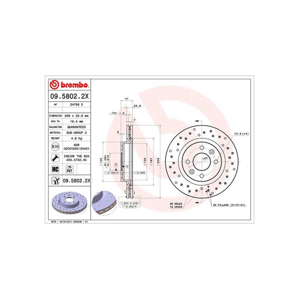 Bromsskiva Hålad/ventilerad, Framaxel Brembo 09.5802.2X BREMBO