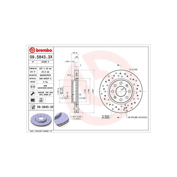 Bromsskiva Hålad/ventilerad, Framaxel Brembo 09.5843.3X BREMBO