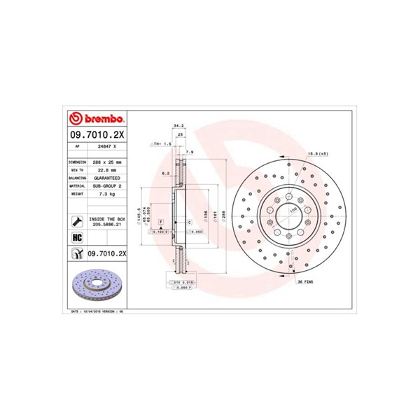 Bromsskiva Hålad/ventilerad, Framaxel Brembo 09.7010.2X BREMBO