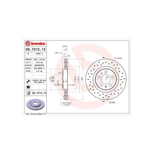 Bromsskiva Hålad/ventilerad, Framaxel Brembo 09.7012.1X BREMBO