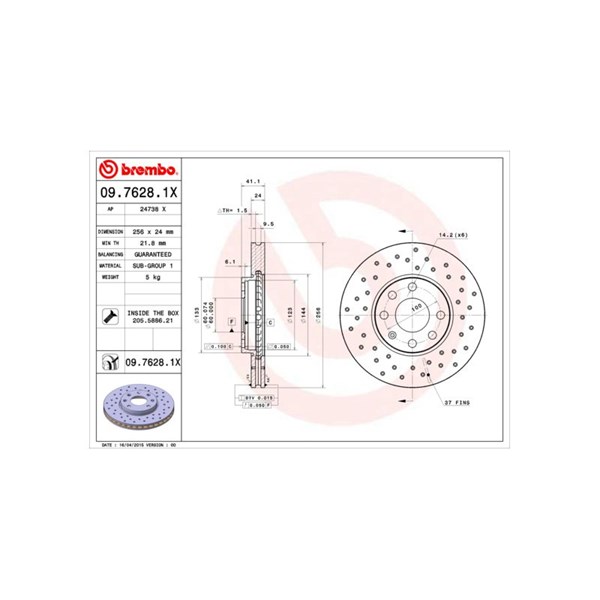 Bromsskiva Hålad/ventilerad, Framaxel Brembo 09.7628.1X BREMBO