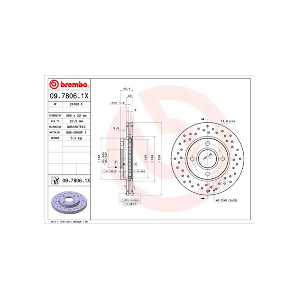 Bromsskiva Hålad/ventilerad, Framaxel Brembo 09.7806.1X BREMBO