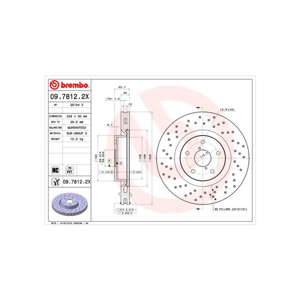 Bromsskiva Hålad/ventilerad, Framaxel Brembo 09.7812.2X BREMBO