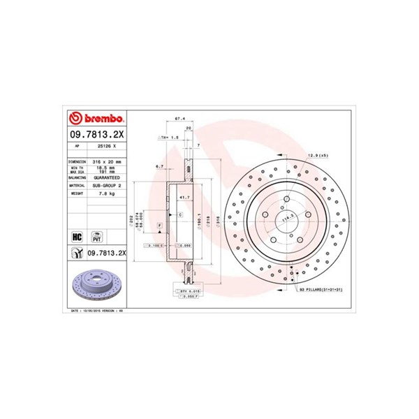 Bromsskiva Hålad/ventilerad, Bakaxel Brembo 09.7813.2X BREMBO