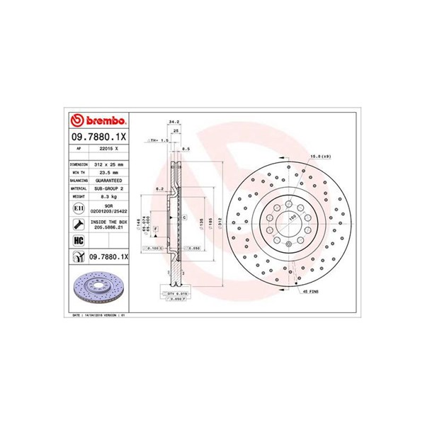 Bromsskiva Hålad/ventilerad, Framaxel Brembo 09.7880.1X BREMBO