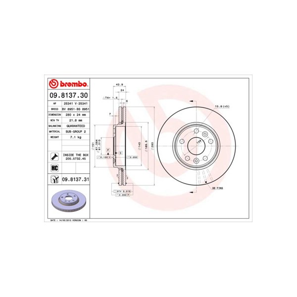 Bromsskiva Ventilerad, Framaxel Brembo 09.8137.31 BREMBO