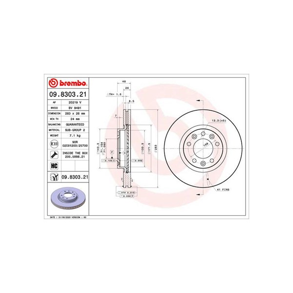 Bromsskiva Ventilerad, Framaxel Brembo 09.8303.21 BREMBO