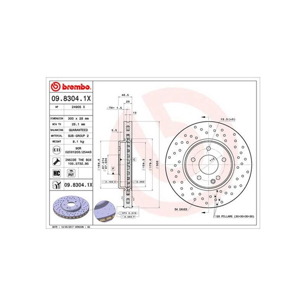 Bromsskiva Hålad/ventilerad, Framaxel Brembo 09.8304.1X BREMBO