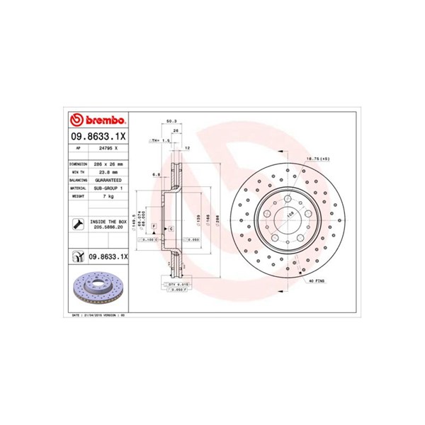Bromsskiva Hålad/ventilerad, Framaxel Brembo 09.8633.1X BREMBO