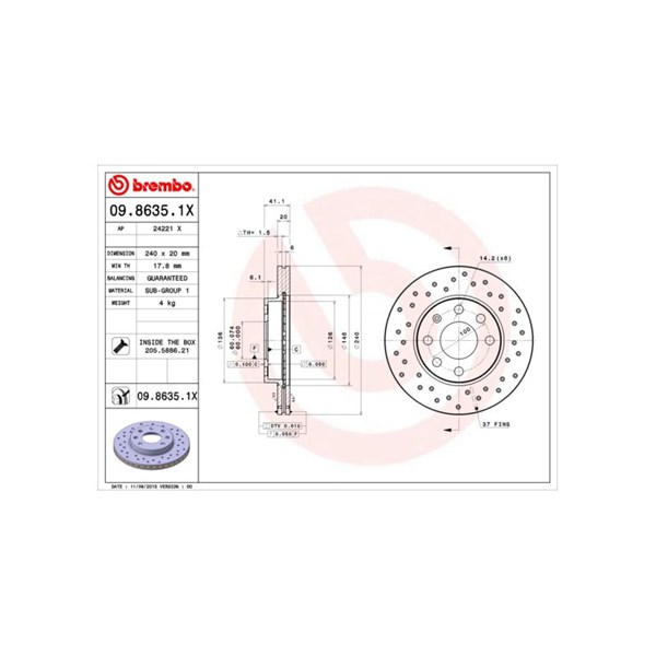 Bromsskiva Hålad/ventilerad, Framaxel Brembo 09.8635.1X BREMBO