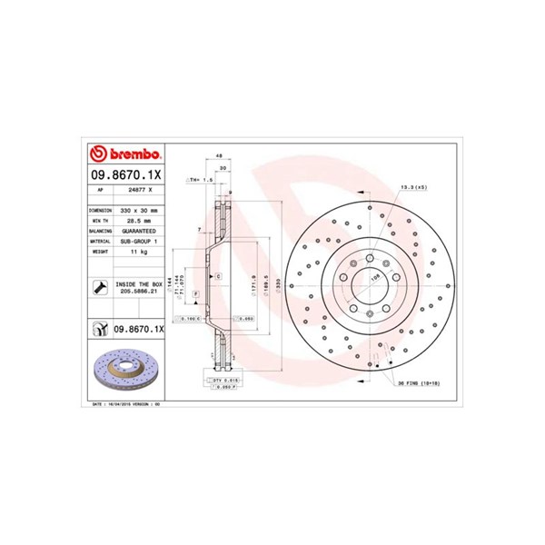 Bromsskiva Hålad/ventilerad, Framaxel Brembo 09.8670.1X BREMBO