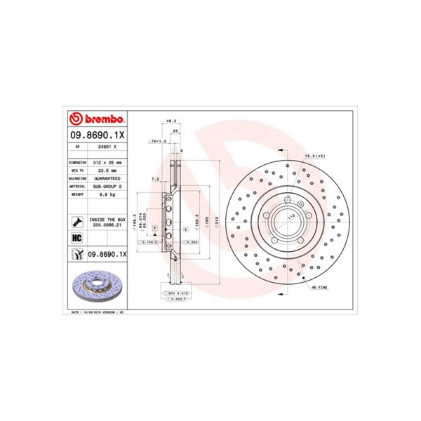 Bromsskiva Hålad/ventilerad, Framaxel Brembo 09.8690.1X BREMBO